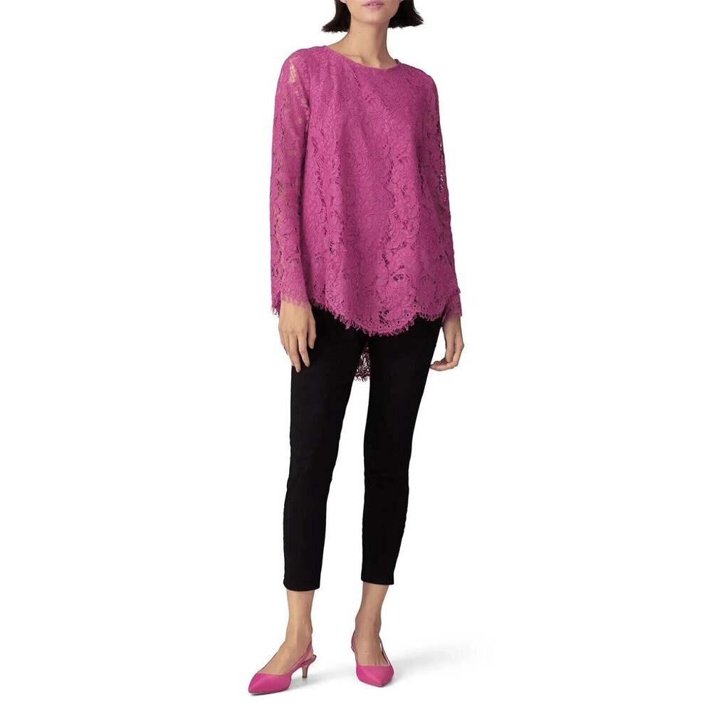 ADAM LIPPES Top Women 6 Magenta Pink Lace Lined Long Sleeve Tunic Scallop Hem - Picture 8 of 9